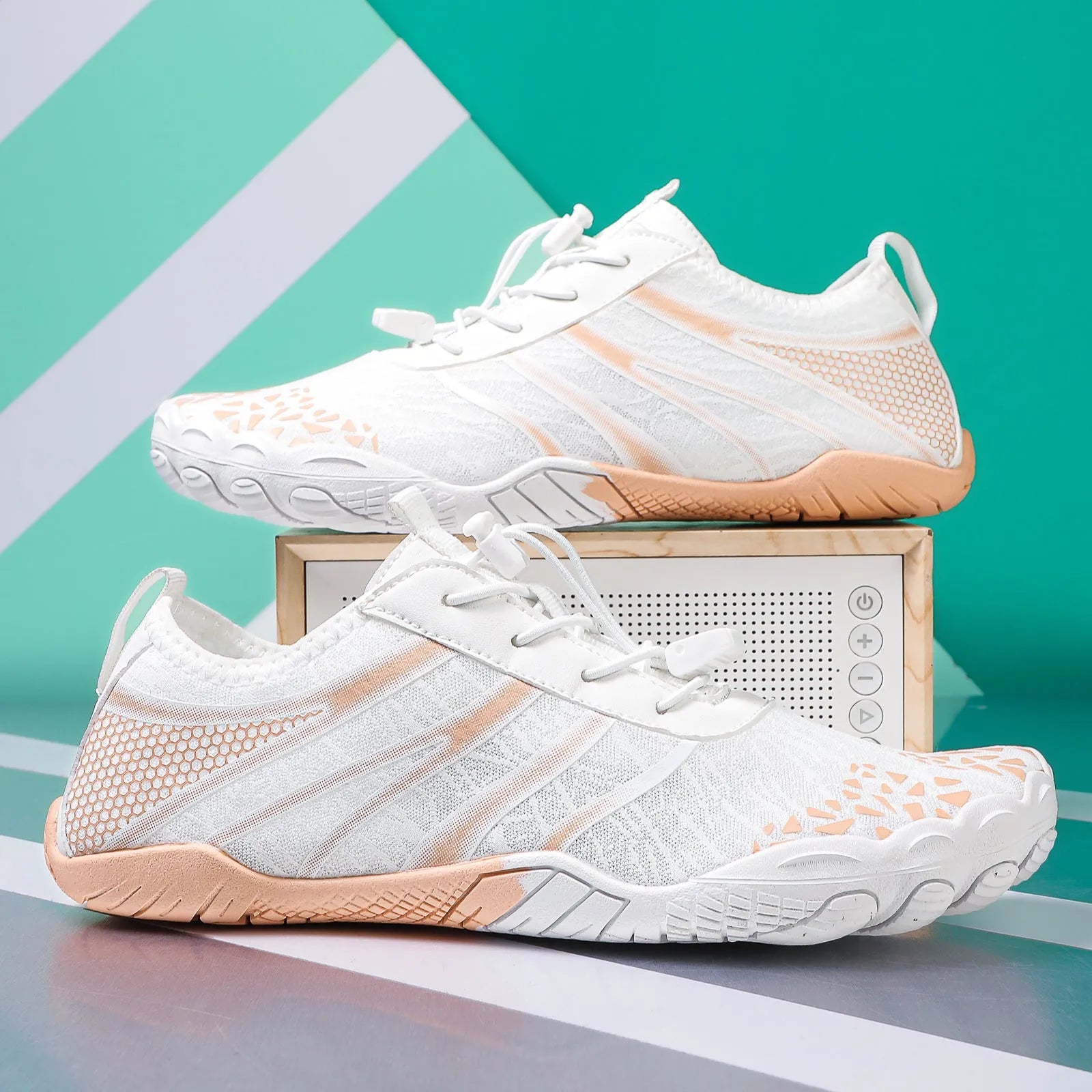 Casual unisex beach running shoes in Lycra stretch fabric, shown in beige, black, blue, grey, and white powder colour options.