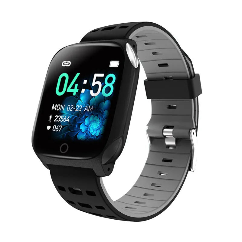 F16 Smart Watch with ECG monitoring on wrist showing black/green silicone band and 43mm display