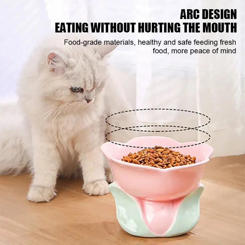 Blue ceramic elevated pet feeding bowl with floral pattern and non-slip base