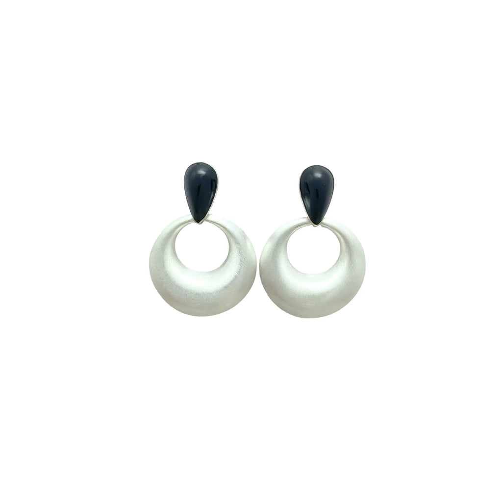 Pair of retro geometric drop earrings with enamel colour clash and oil drop finish on copper base