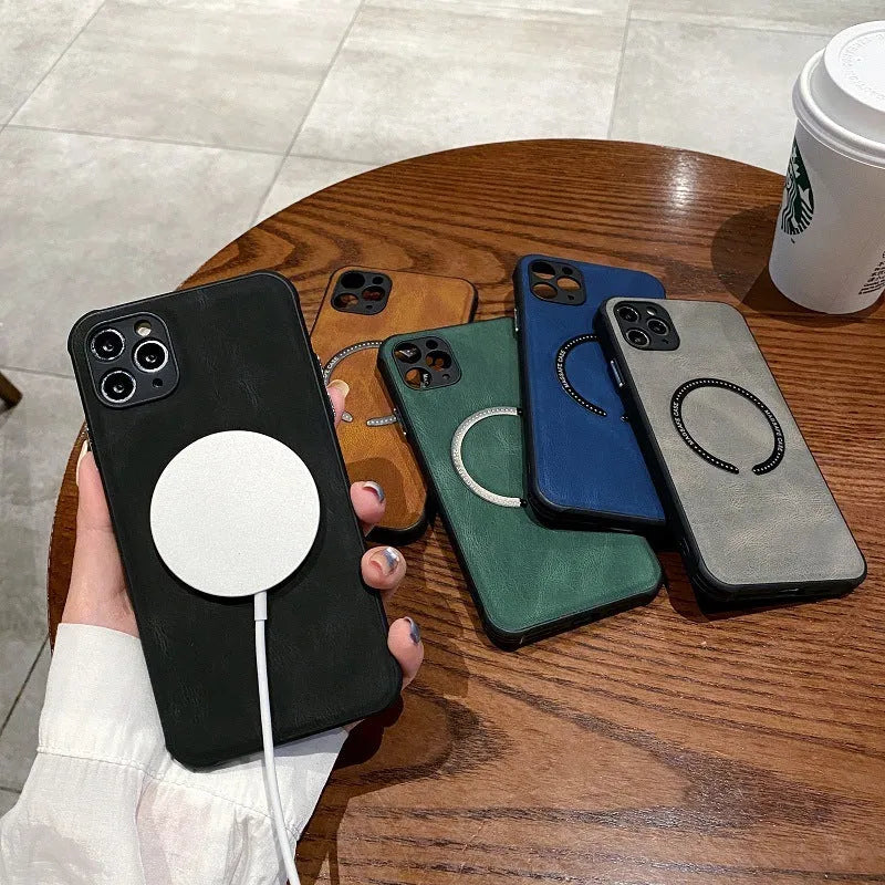 Business magnetic charging iPhone case in black imitation leather showing magnetic charging compatibility