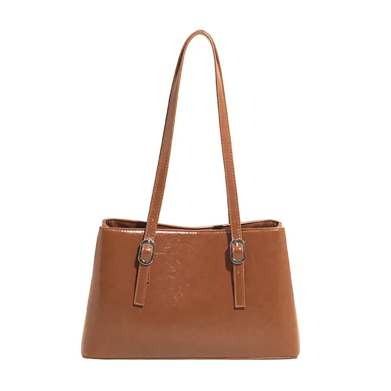 Fashion retro underarm shoulder bag in brown PU with sewing line detail, horizontal square shape