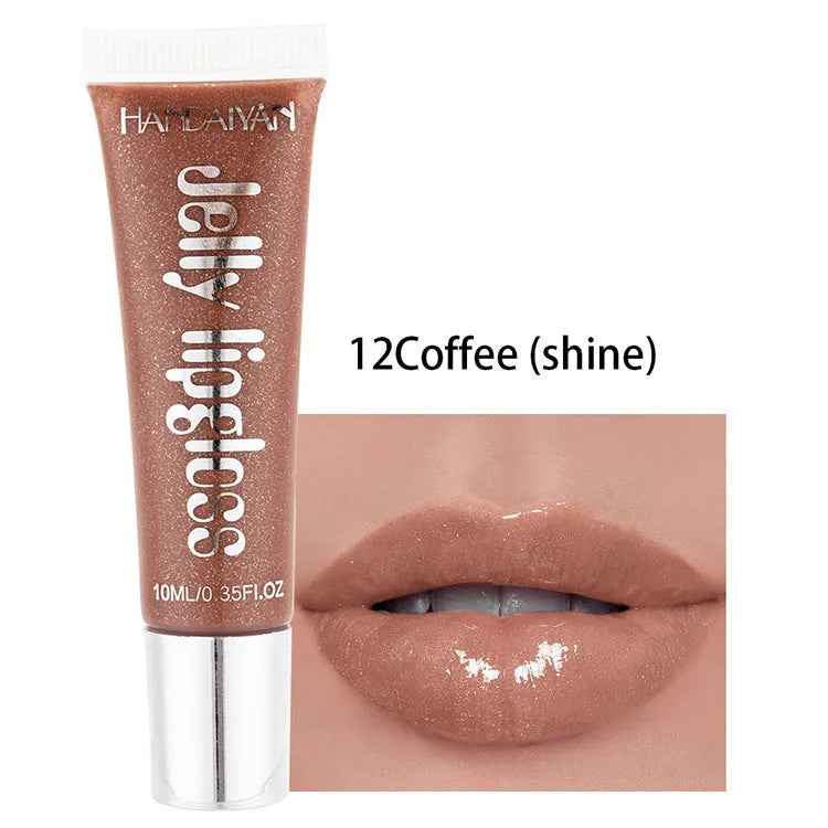 Jelly glass moisturising lip gloss tube in Pearl White shade with carton packaging and 12 colour options