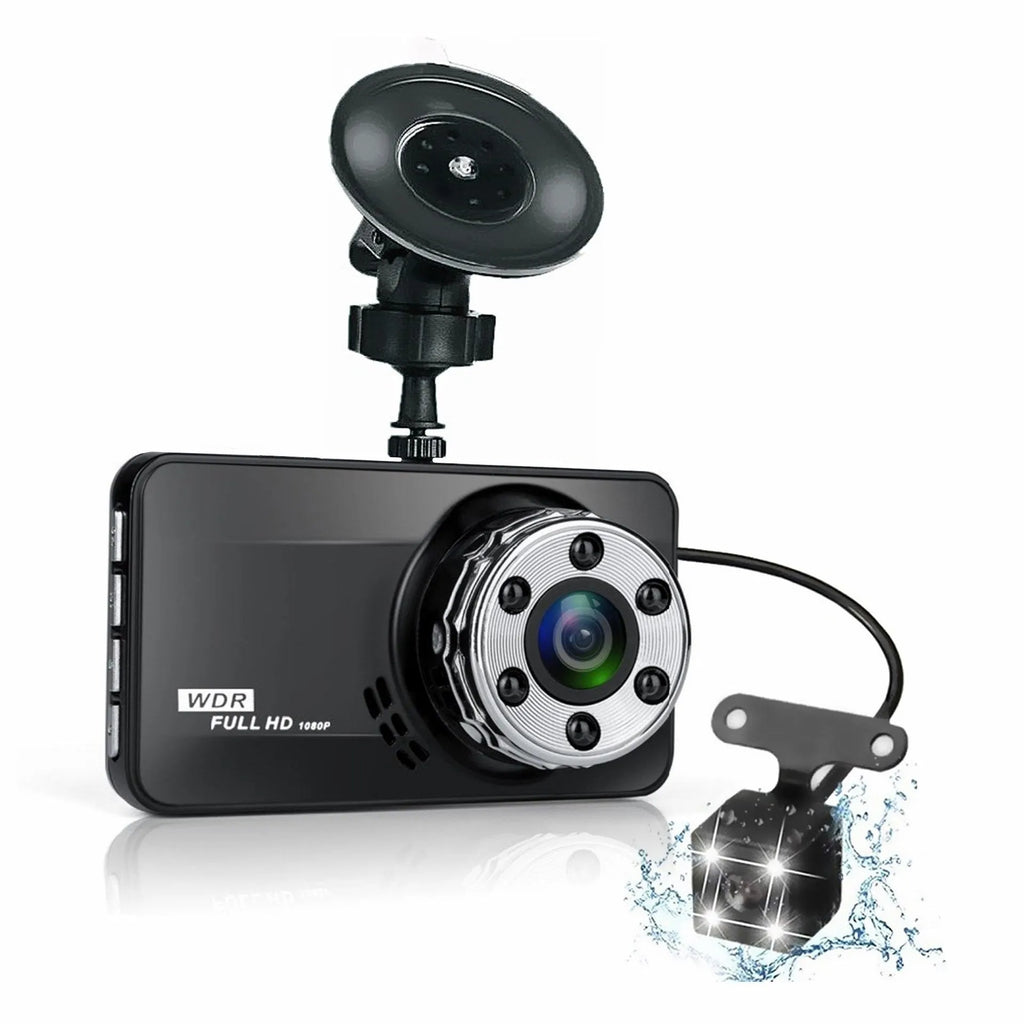 T638+ dual-lens car driving recorder with 170° wide angle lens hidden behind rearview mirror black