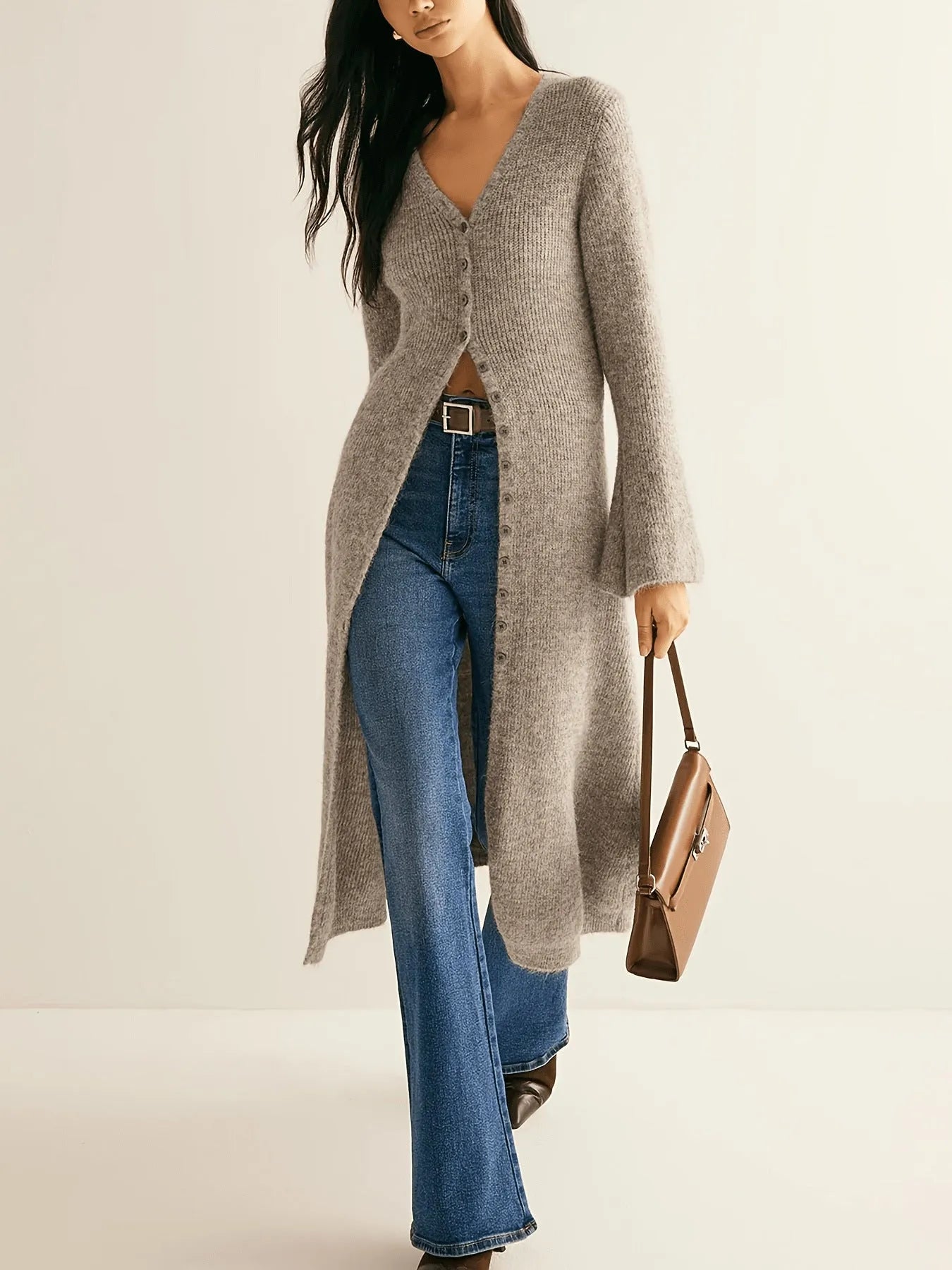 Khaki French retro style women's cardigan coat with button fastenings and long sleeves