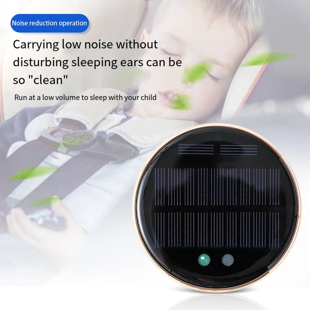 Black solar-powered car air humidifier mounted on vehicle air conditioning outlet
