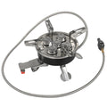 Silver foldable split camping stove with extended gas hose on a grey background