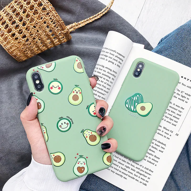 Green avocado cartoon design on a flexible black TPU phone case for iPhone.