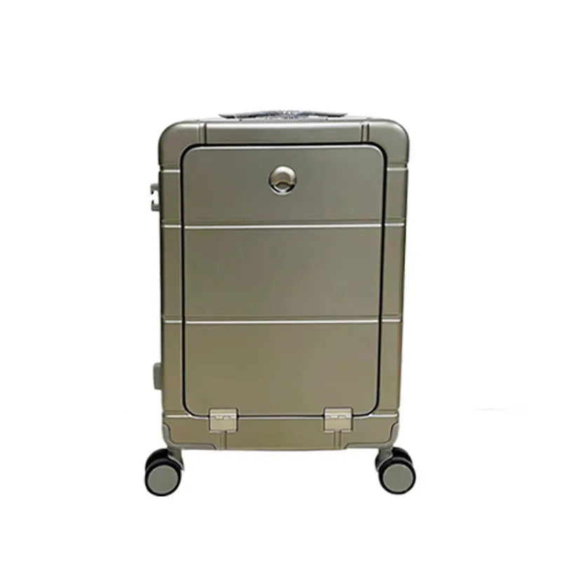 Front opening 20-inch hard shell suitcase in silver showing dry wet separation compartment and cup holder.