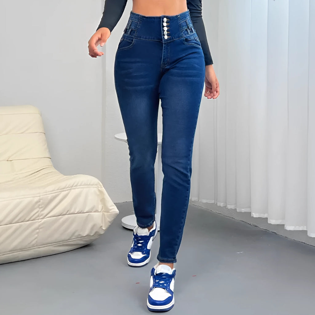 Women's dark blue breasted straight-leg denim trousers with zipper closure and button detailing