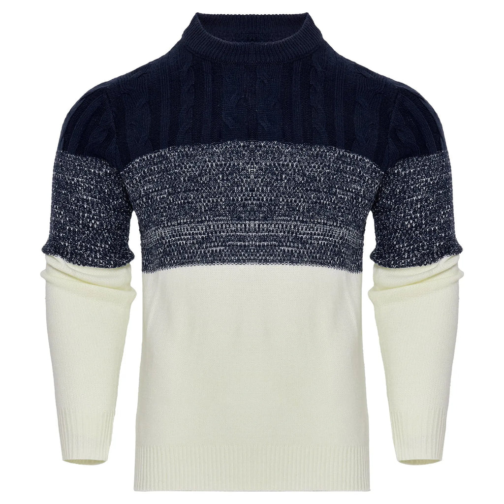 Men's grey knitted pullover sweater with ribbed cuffs and hem on hanger