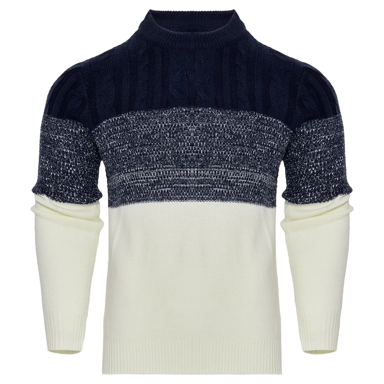 Men's grey knitted pullover sweater with ribbed cuffs and hem on hanger