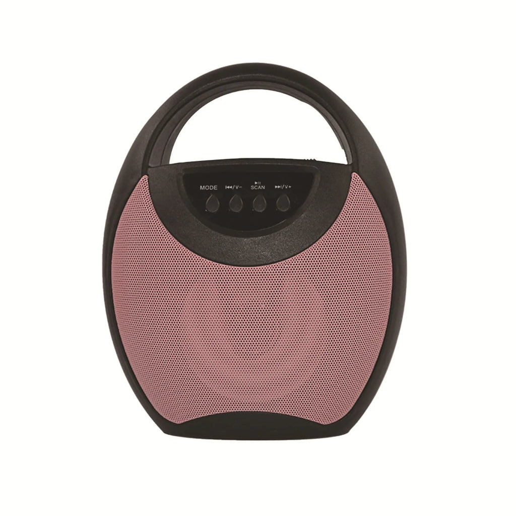 Portable Bluetooth speaker with plastic casing shown in black, blue and pink colour options
