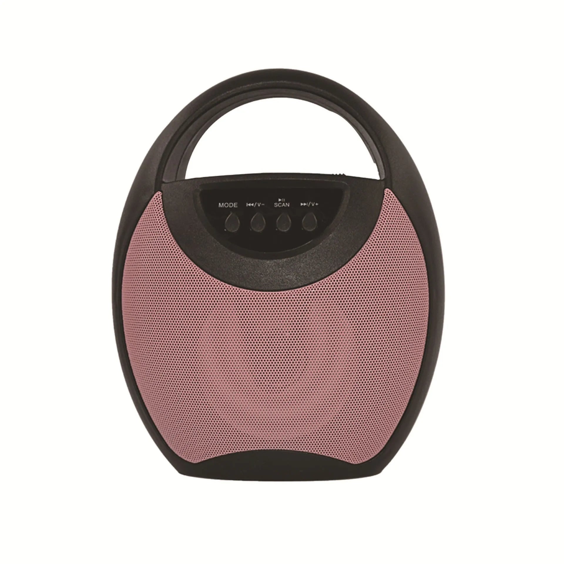 Portable Bluetooth speaker with plastic casing shown in black, blue and pink colour options