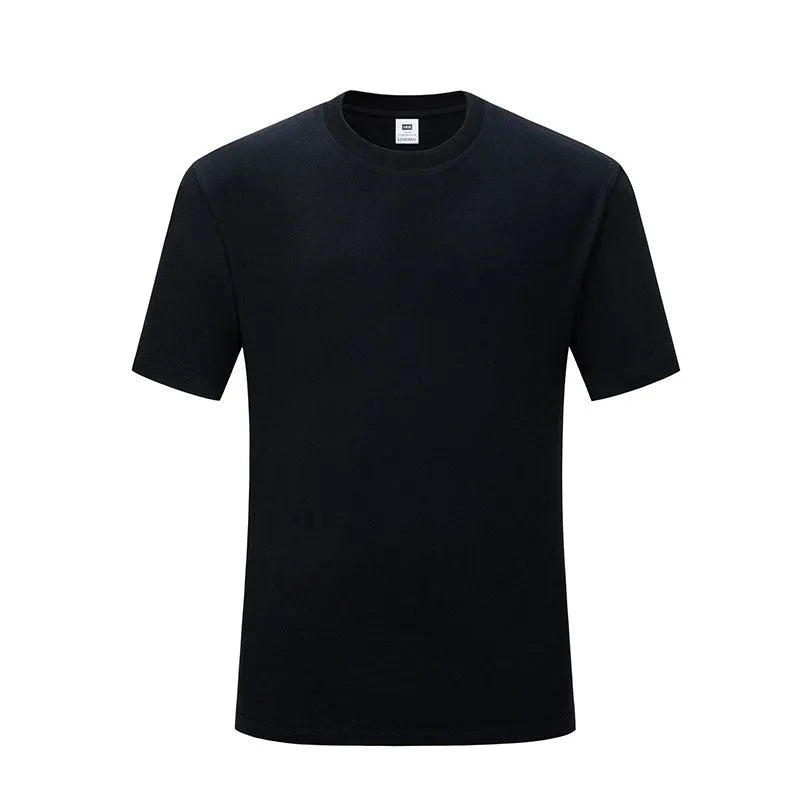 Men's solid colour pure cotton loose round neck T-shirt in Black, front view