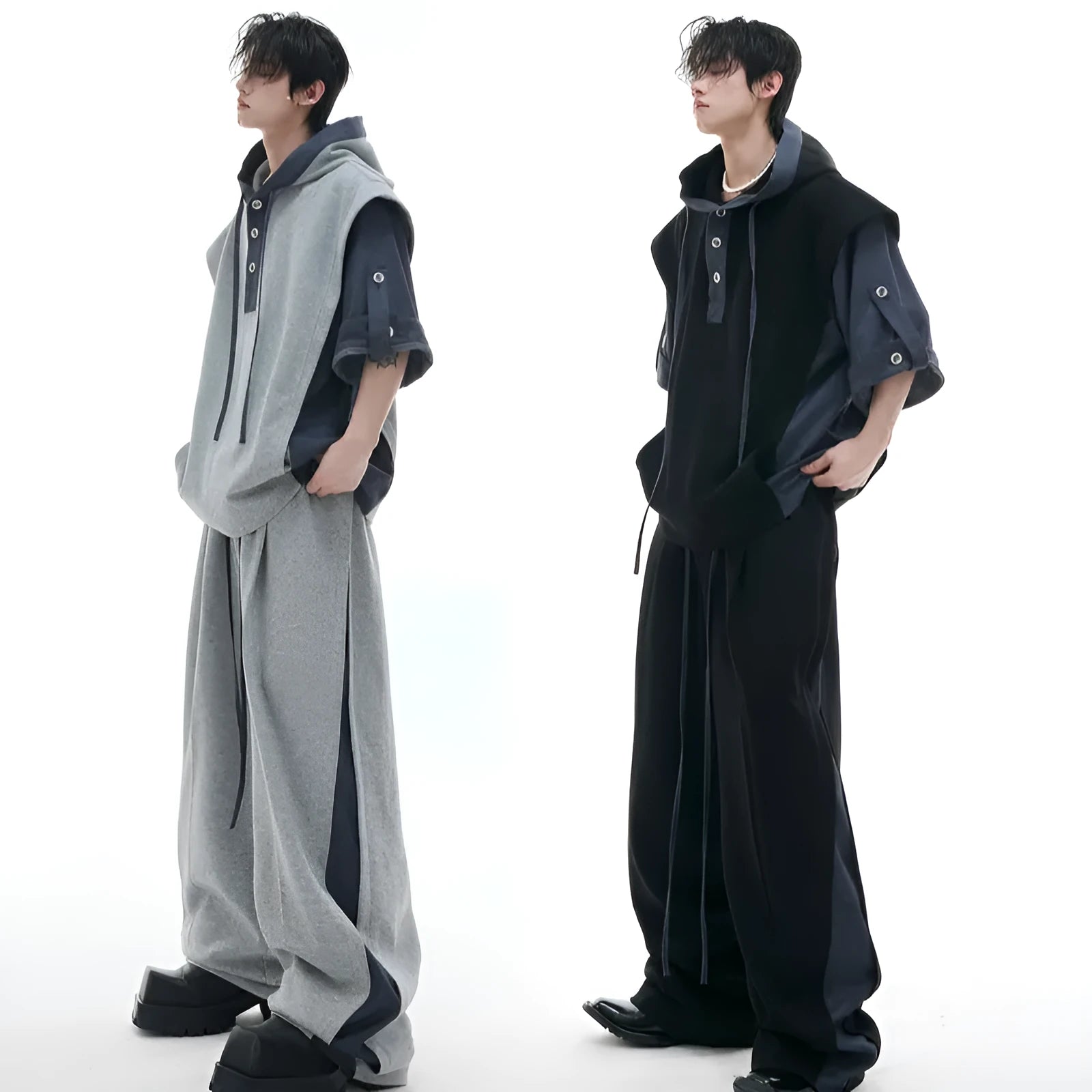 Men's hooded sports leisure suit with three-dimensional stitching on jacket and matching trousers