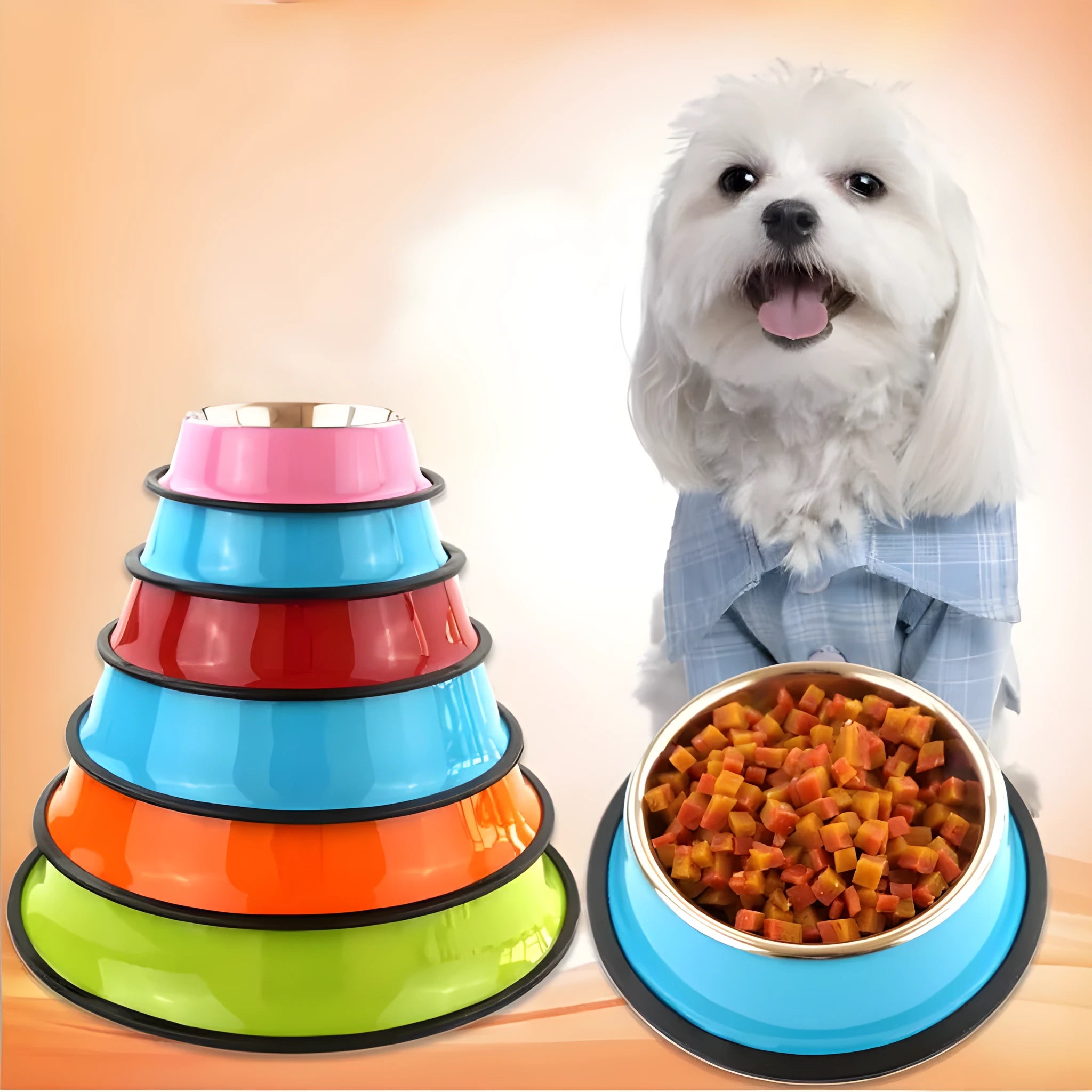 Stainless steel pet bowl with colourful melamine base in non-slip design