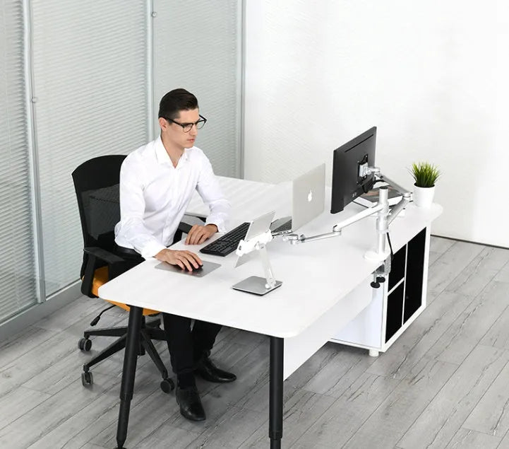 Foldable aluminium desktop phone and tablet holder showing rotation mechanism