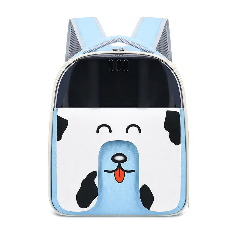 Large capacity PU PVC pet backpack in beige, for outdoor travel with a cat