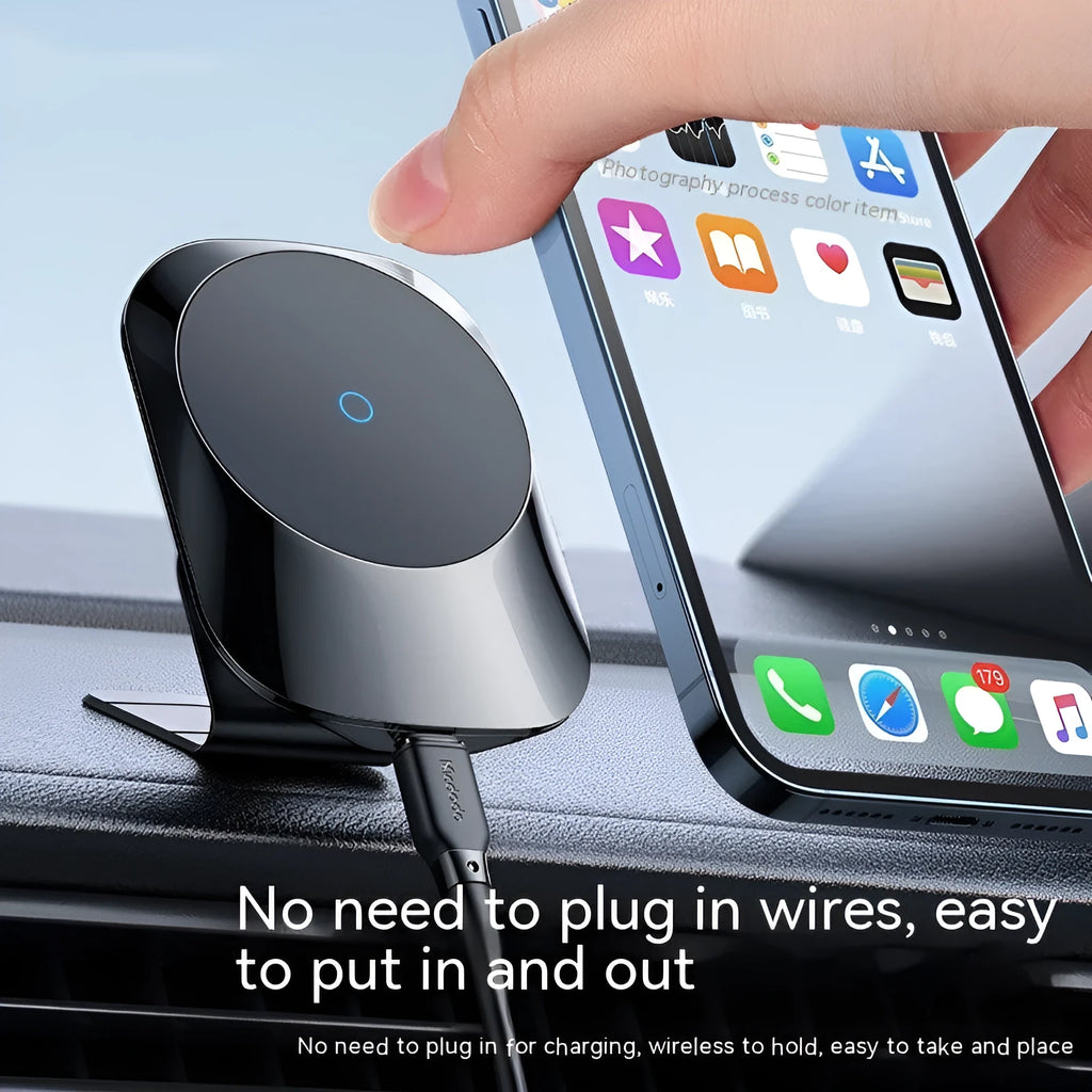 Black magnetic car wireless charger with air vent mount and centre console base for 15W phone charging
