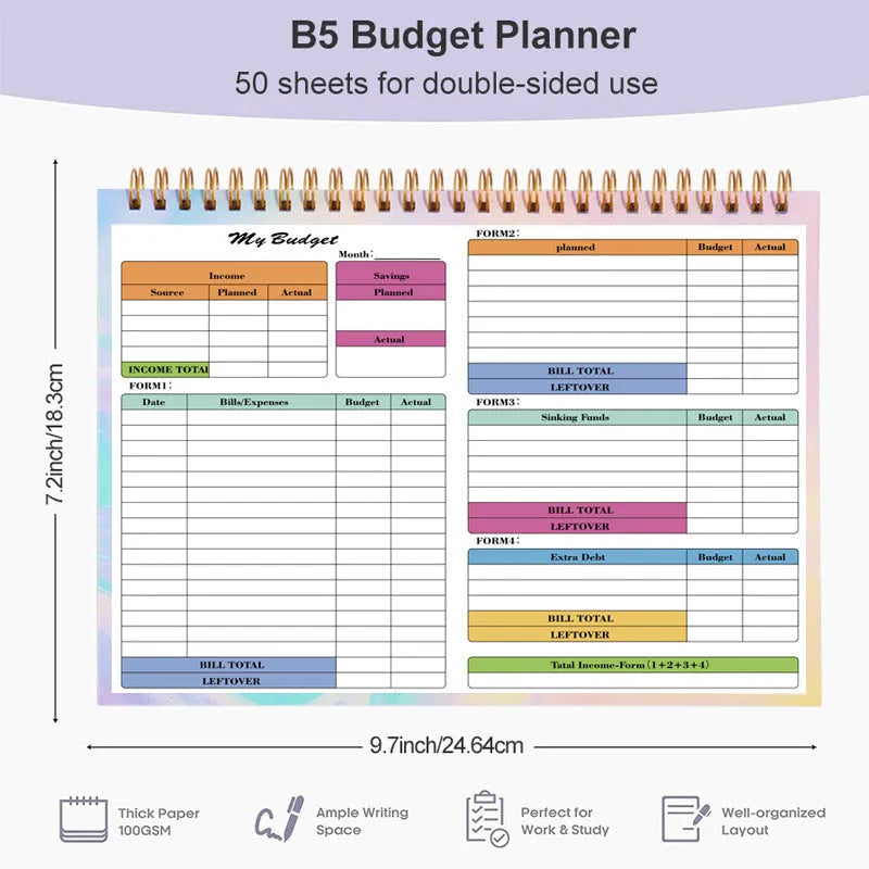 B5 spiral-bound budget tally book with PP cover open on a table, showing lined pages for income and expenditure recording.