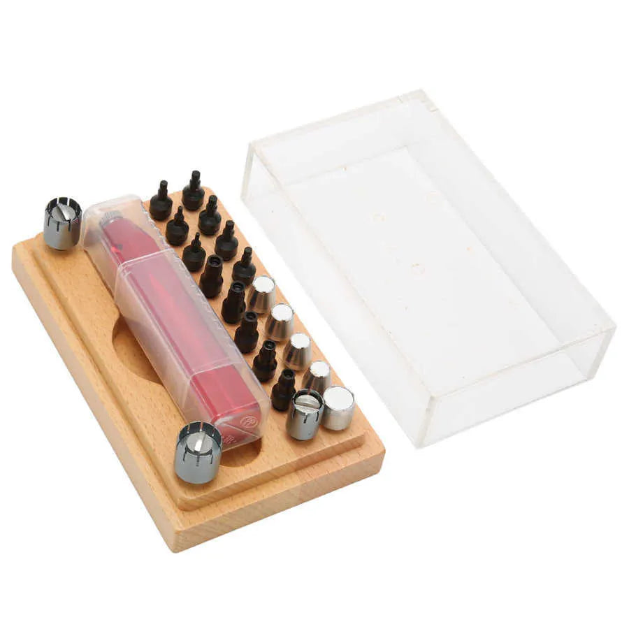 Set of 20 steel watch repair extracting tubes in a storage case for barrel opening and movement repairs