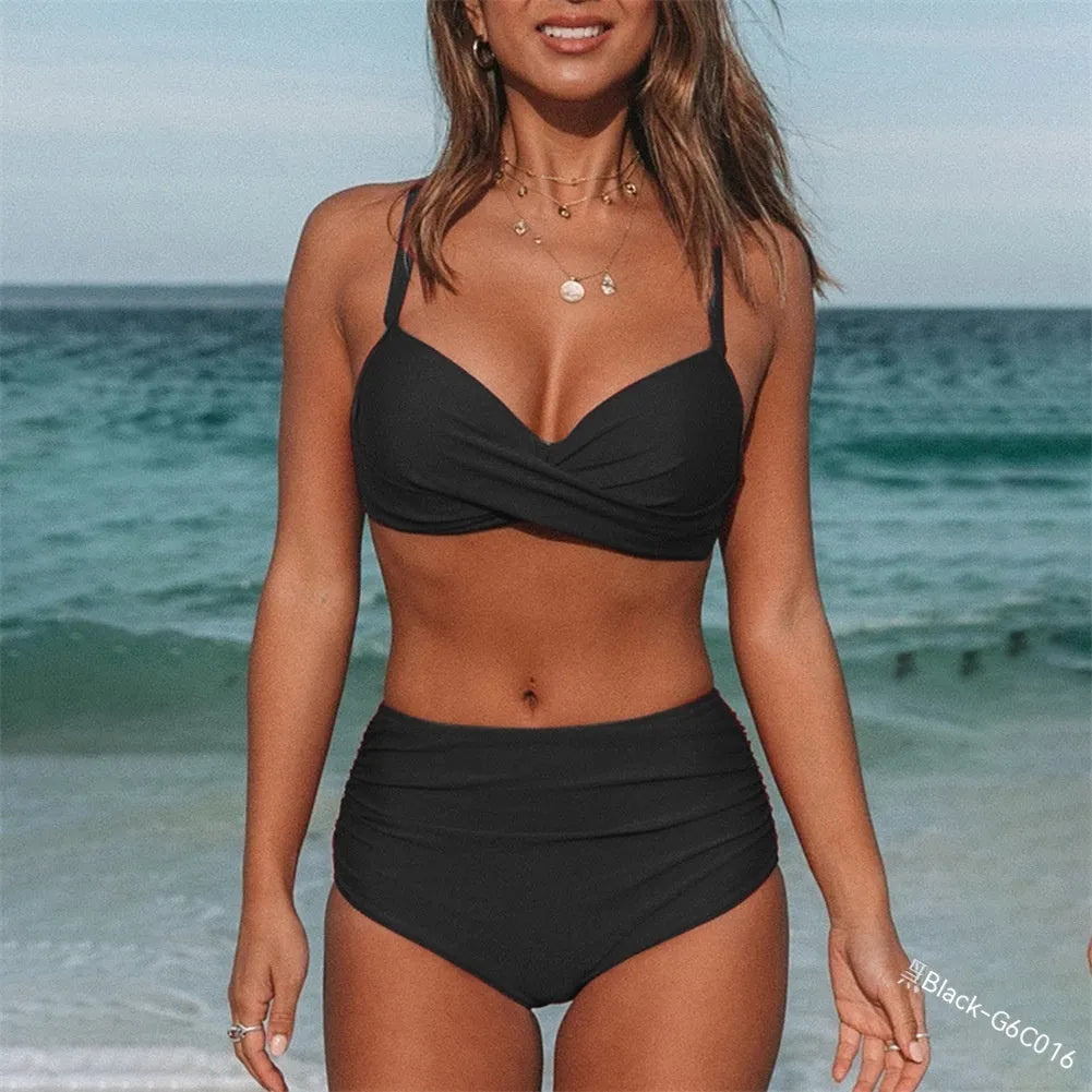 Women's solid colour cross strap bikini swimwear in nylon fabric with cotton lining