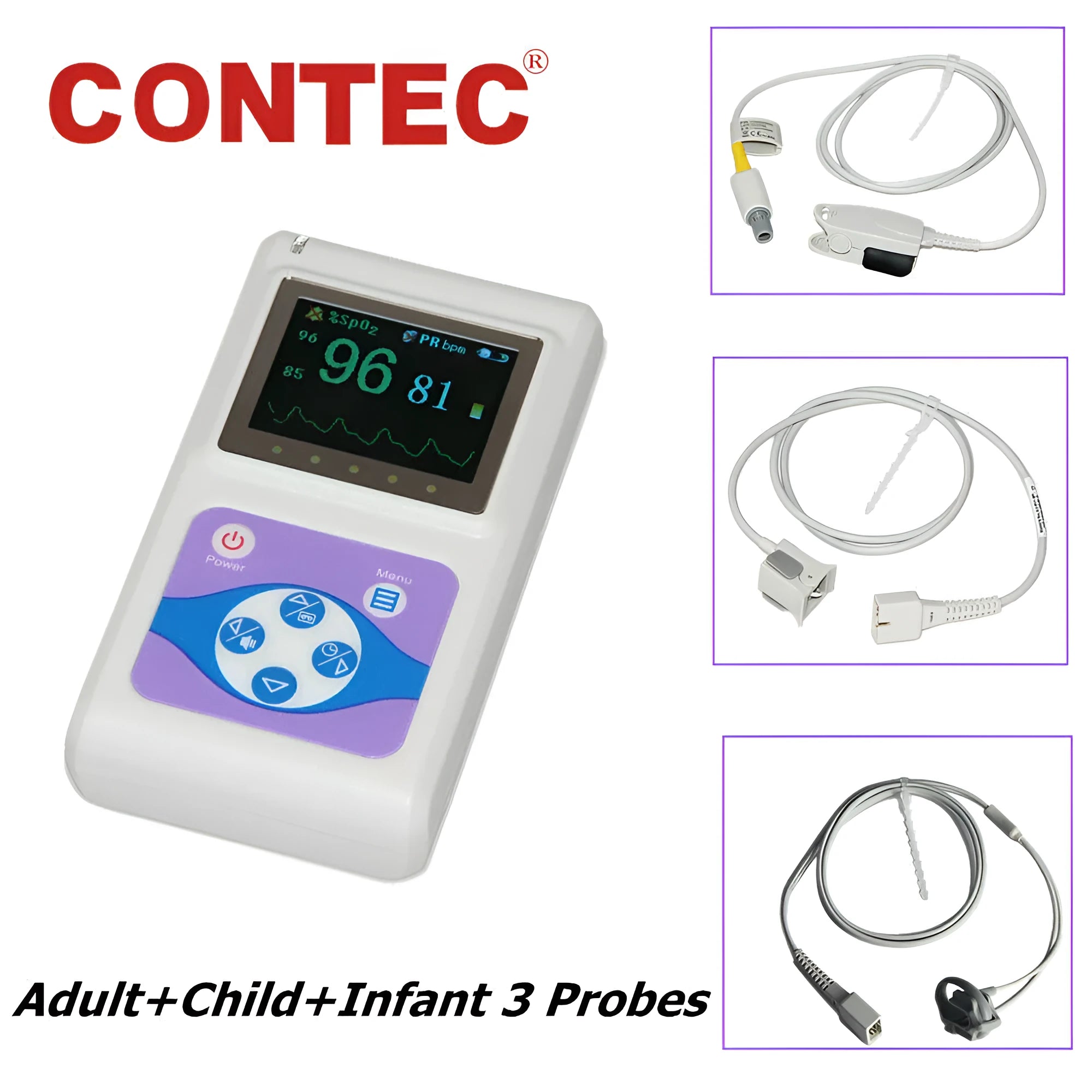 CMS60D pulse oximeter with colour OLED display, three external probes (adult, paediatric, neonatal), and PC data cable