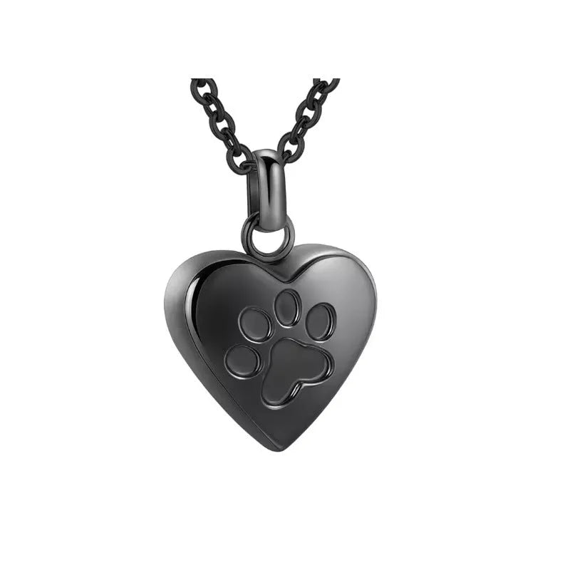 Openable titanium steel heart pendant with paw print for memorial ashes on necklace chain