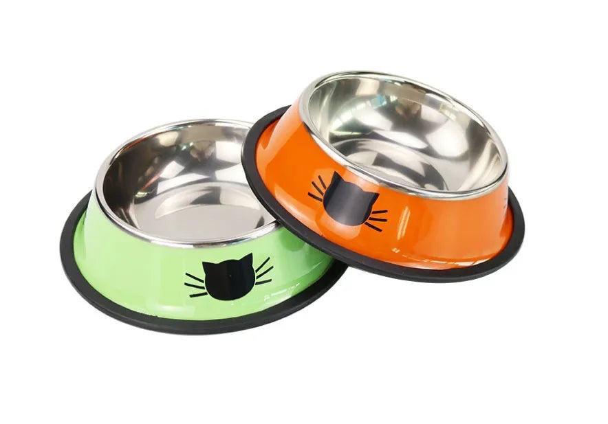 Stainless steel non-slip cat bowl set in purple orange green and black