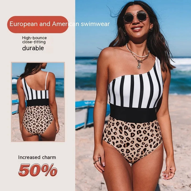Women's leopard print one-piece swimsuit with asymmetric collar and high-waisted triangle briefs