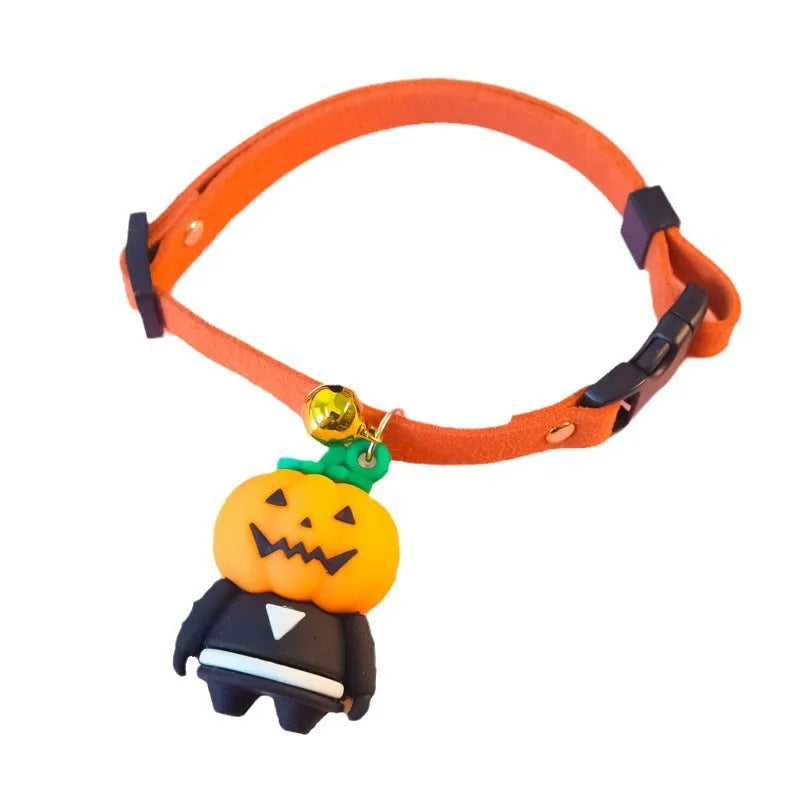 Halloween dog collar with pumpkin man and glow skull patterns in adjustable sizes