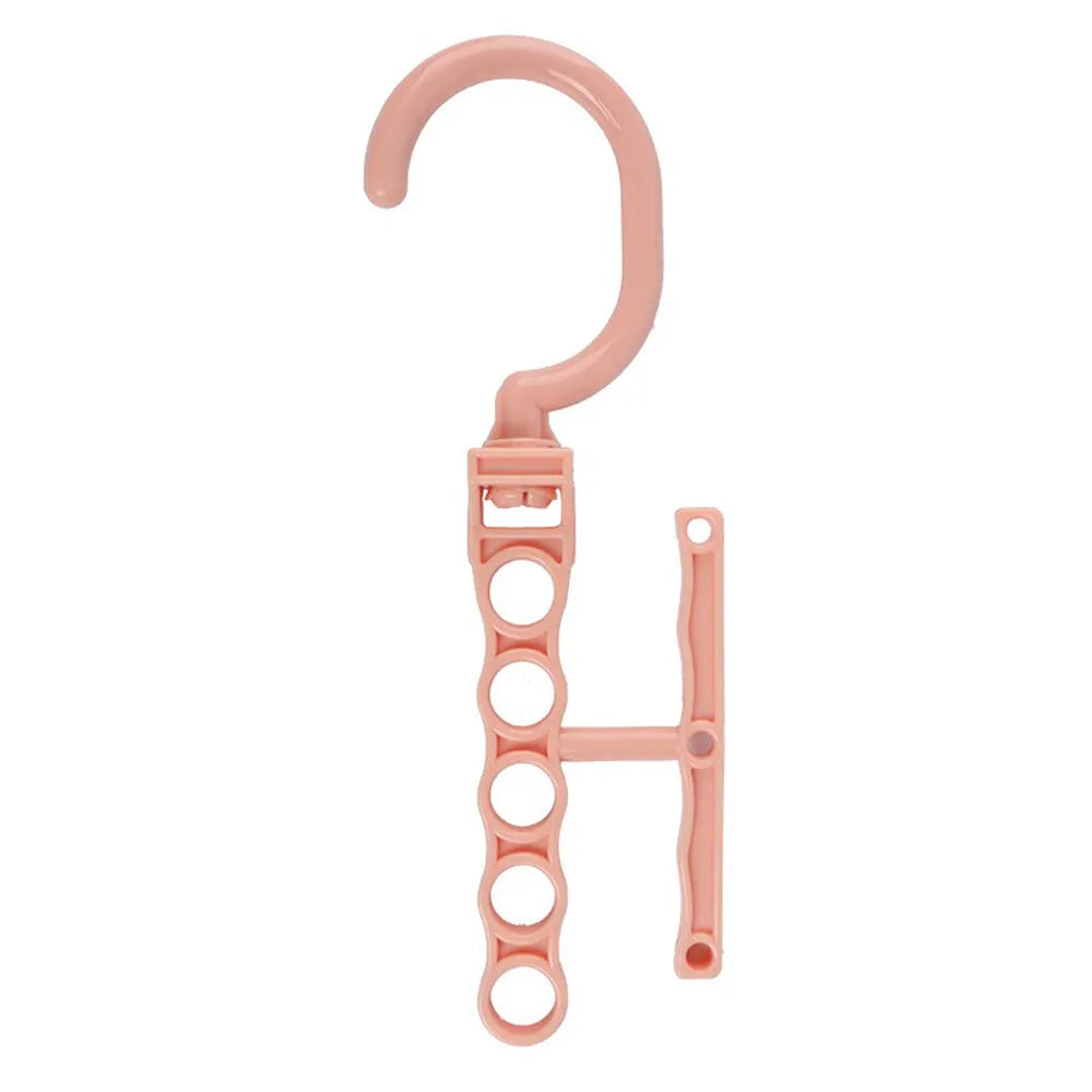 Blue revolving wardrobe hanger with five hooks and a central white handle for easy rotation