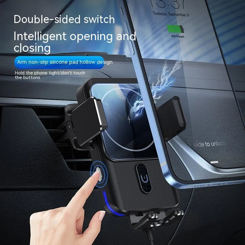 Black car wireless phone charger holder with 15W charging pad shown with clip and suction cup bracket options.