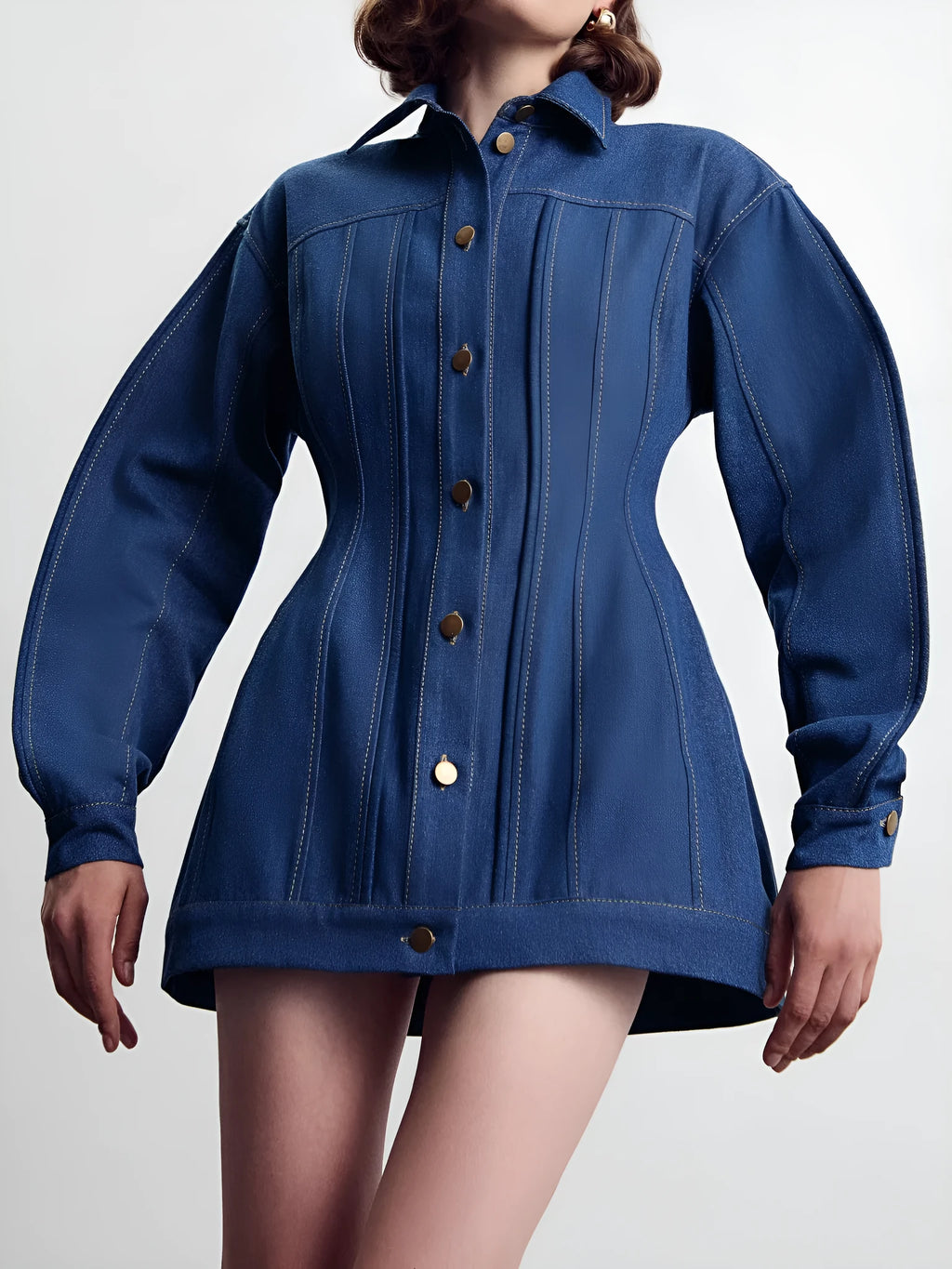 Blue denim corset style shirt dress with patchwork design and statement buttons