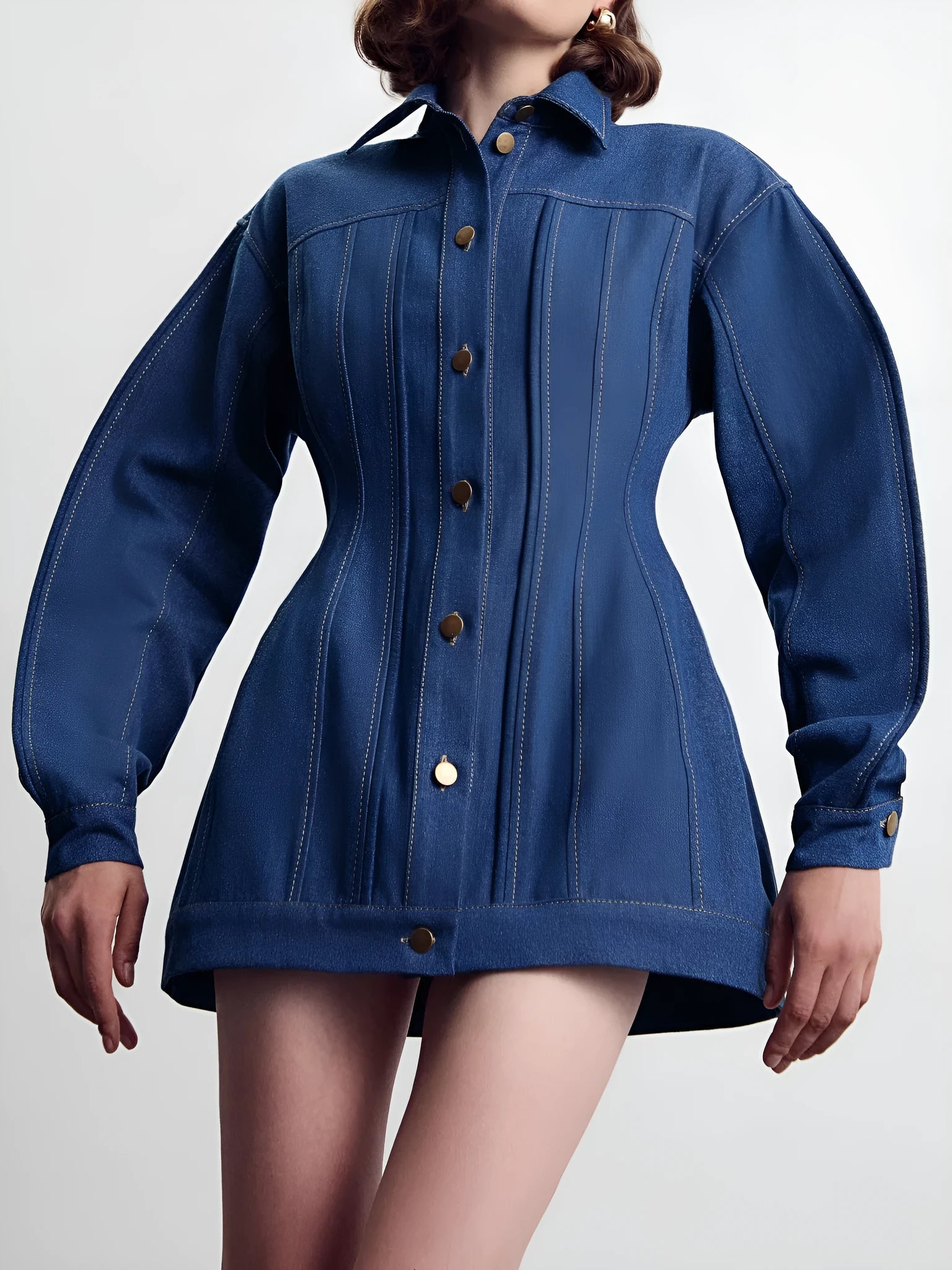 Blue denim corset style shirt dress with patchwork design and statement buttons