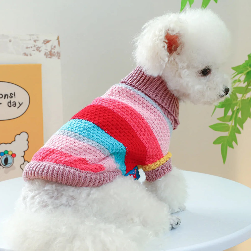 Colourful striped acrylic pet sweater for dogs and cats, five sizes XS to XL