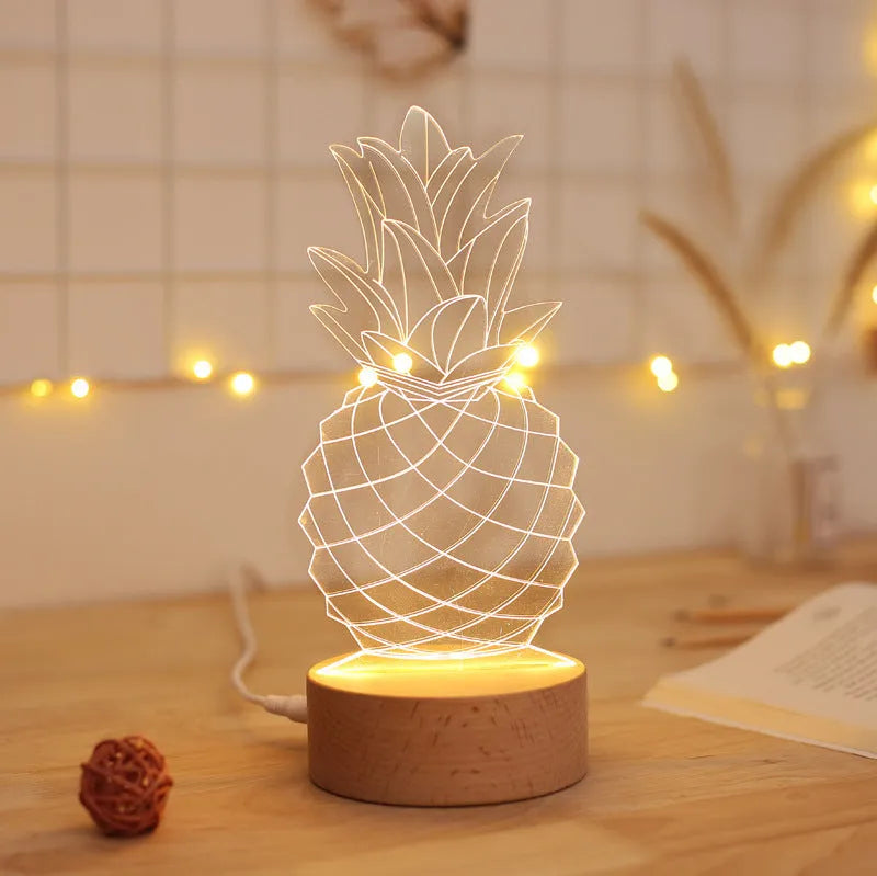Cartoon pineapple shaped bedside table lamp with wood base and acrylic top, showing dimmer controls