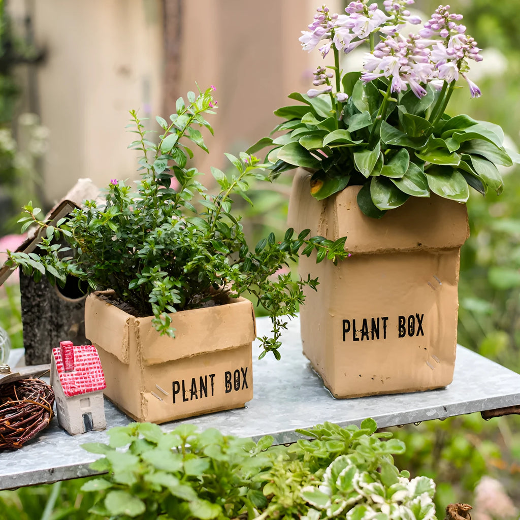 Cement flowerpot with bottom drainage holes and paper box texture in Nordic style design