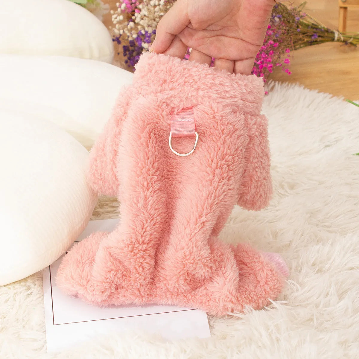 Khaki four-legged dog clothes with high collar and towing ring made of double-sided plush fabric