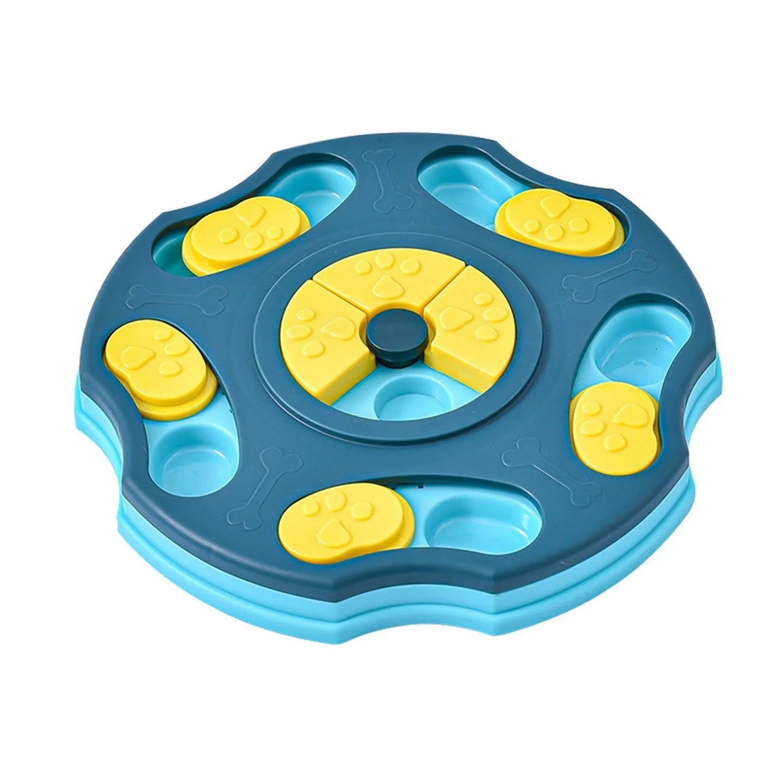 Blue interactive dog puzzle toy bowl with food compartments for slow feeding and brain games.