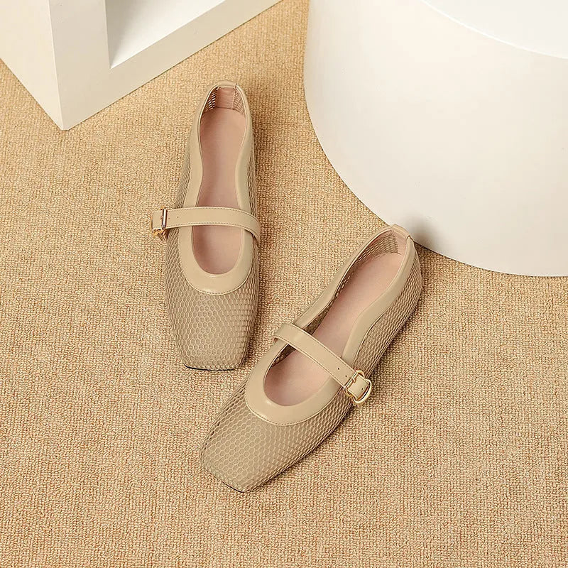 Women's breathable mesh low heel pumps with square toe and buckle fastening in various colours