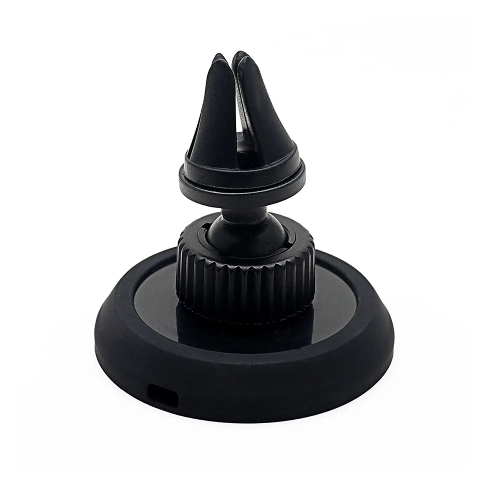 Black magnetic car phone holder showing air vent and base mounting bracket options
