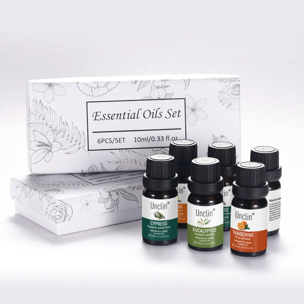 Six piece aromatherapy essential oil set 10ml each with sweet orange eucalyptus mint tangerine cypress anise in box