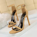Women's open toe high heels with an ankle strap buckle in six colour options.
