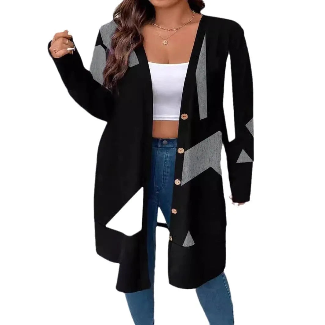 Black plus size cardigan coat with button fastening and printed detailing in Japanese Korean casual style