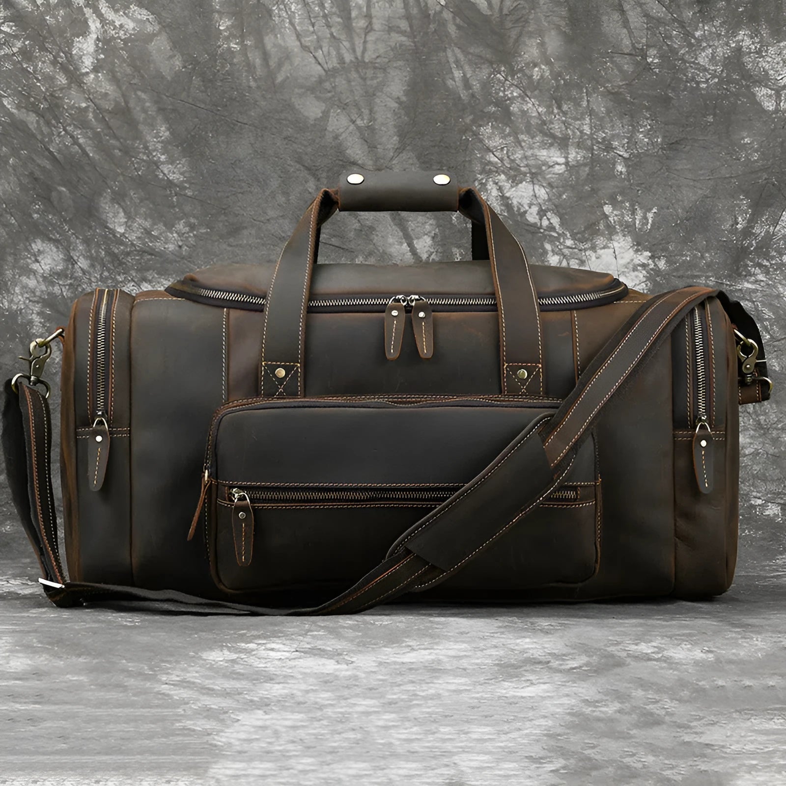 Men's genuine leather handbag large-capacity crossbody bag dark brown full-grain cowhide stitched seams