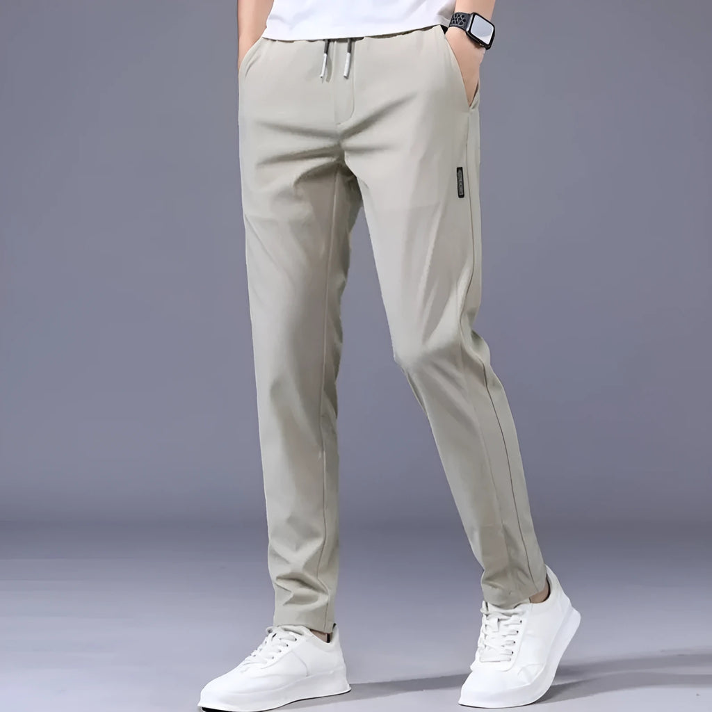 Men's Khaki drawstring trousers with loose straight leg and elastic waist, Korean casual style
