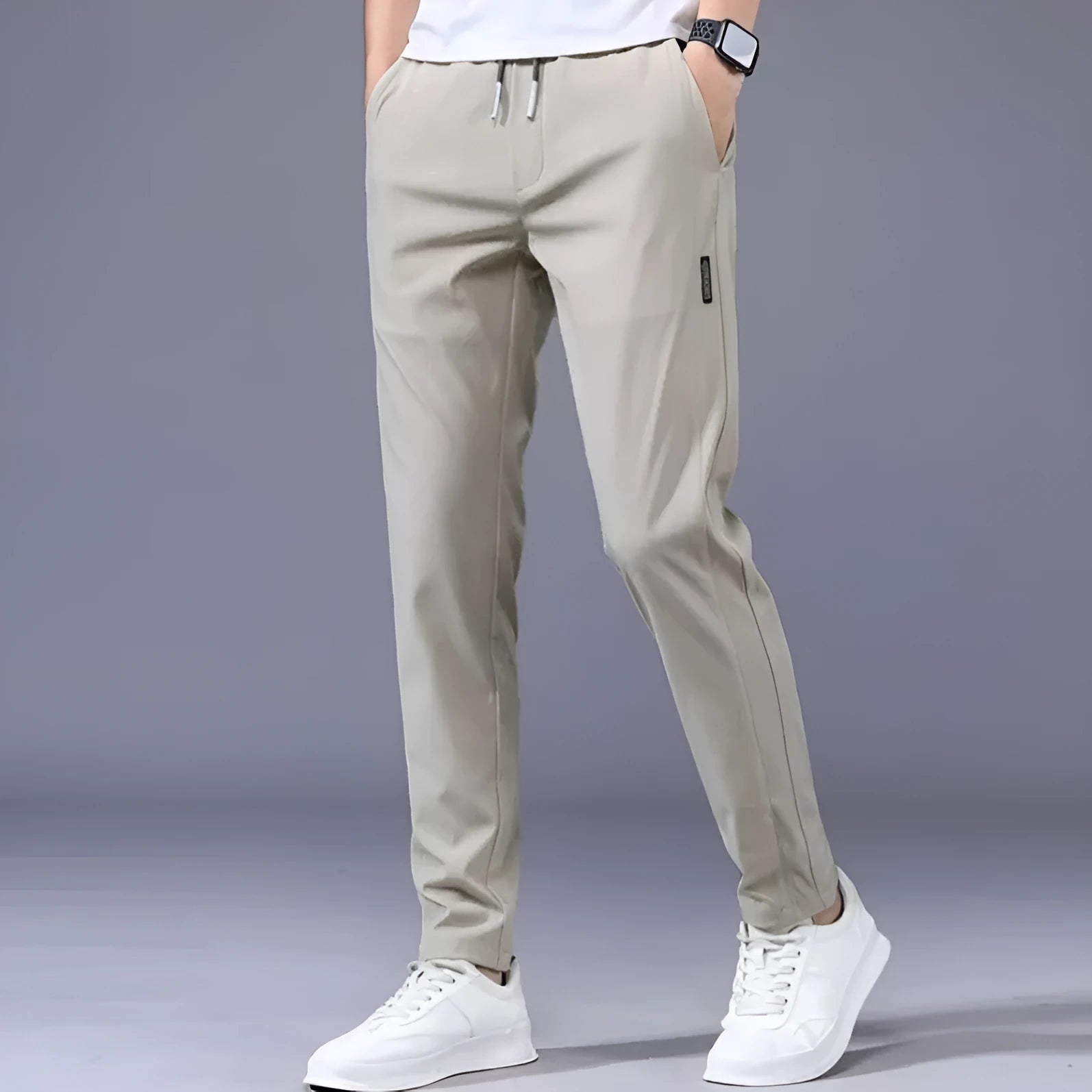 Men's Khaki drawstring trousers with loose straight leg and elastic waist, Korean casual style