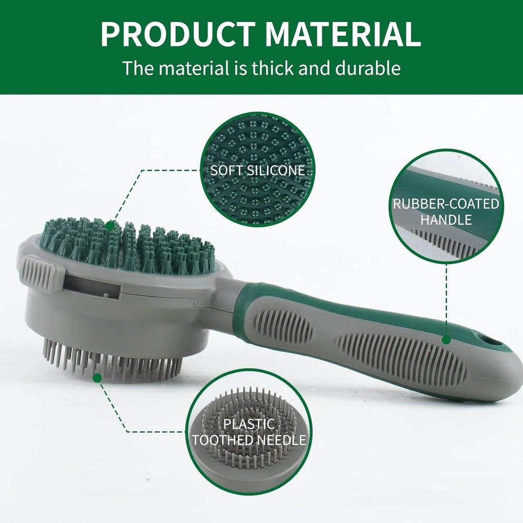 Green and pink two-sided silicone cat grooming brush with retractable slicker and massage pins